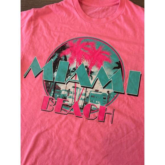 MIAMI BEACH Neon Pink Teal Graphic Tee T-Shirt Unisex size M - Picture 2 of 6